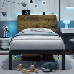 Twin Size Metal Platform Bed Frame, with LED Lights & Charging Station, Steel Slats Support, Rustic