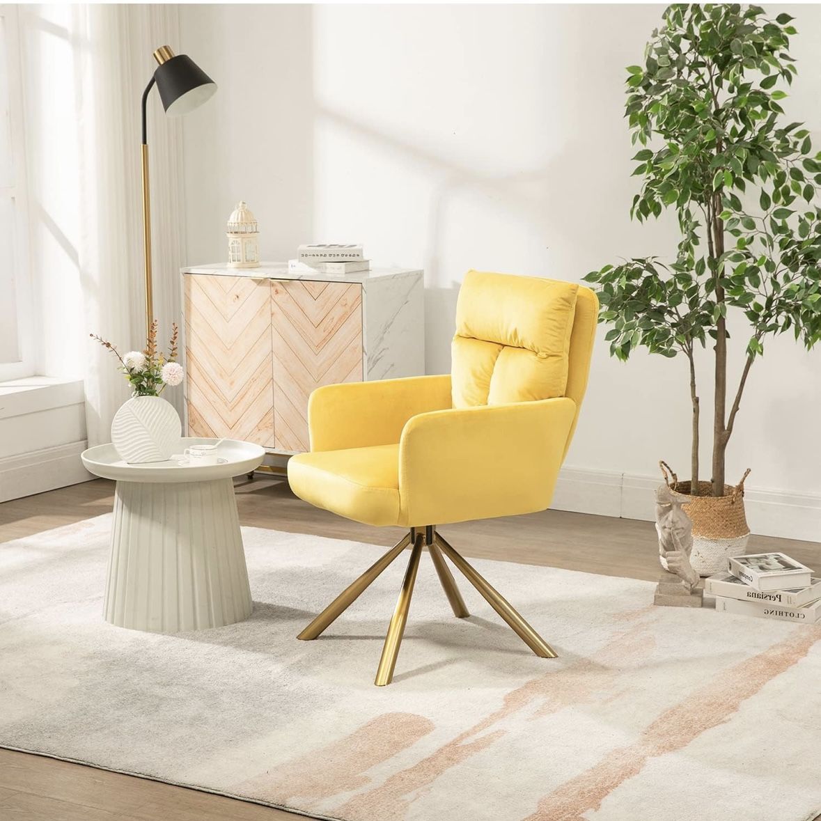 Velvet Office Desk Chair No Wheels, Modern Vanity Chair with Gold Legs, Wide Seat Computer Task Chai