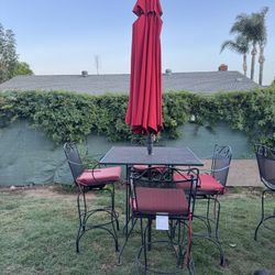 Patio Furniture 5 Pieces. Stunning Vintage Wrought Iron square tall Table and 4 Matching stools. Middle Century Furniture.W/ Cushions &10Ft  Umbrellas