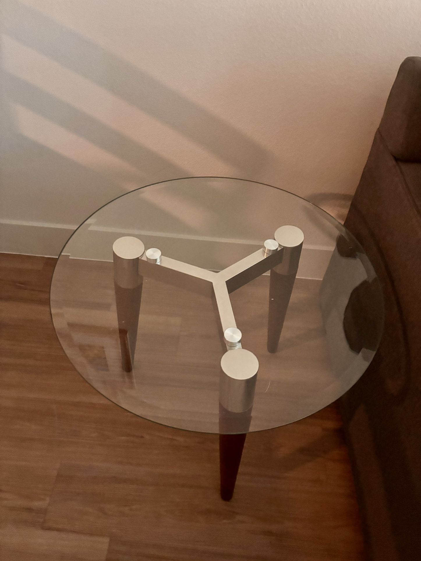 Two Glass End Tables Wooden Legs