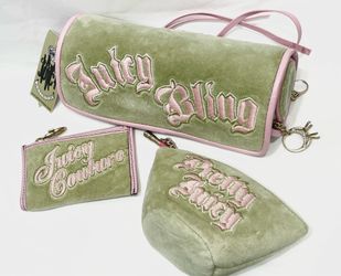 NWT Juicy Couture Vintage Pink and Green Embroidered Travel Bag Set