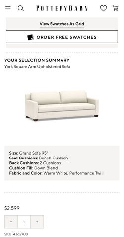 Pottery Barn York Sqaure Arm Upholstered Sofa