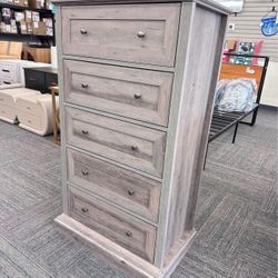5 Drawer Bedroom Dresser, Tall Wood Nightstand Storage Cabinet, Gray, New 