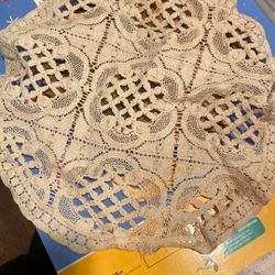 Victorian Lace Doily Handmade Crocheted Display On Table Under Lamp 
