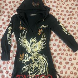 XS Y2K Ed Hardy “Tattoo” Collection Hooded Dress 