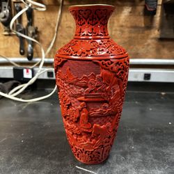 Antique Chinese Qing - Republic Cinnabar Fine Hand Carved Lacquer Vase Enamel 