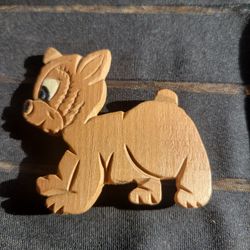 Vintage Handcarved Wooden Folk Art Dog Brooch Pin 2.5"