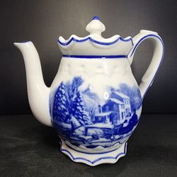 Tea Pot Cracker Barrel White Porcelain with a Blue Winter Homestead Scene