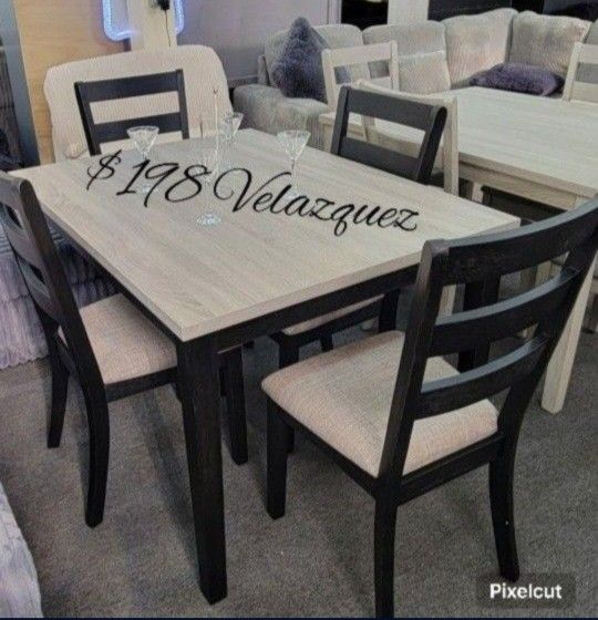 ✅️✅️5 pc two tone finish wood dining table set padded seat chairs✅️✅️✅️