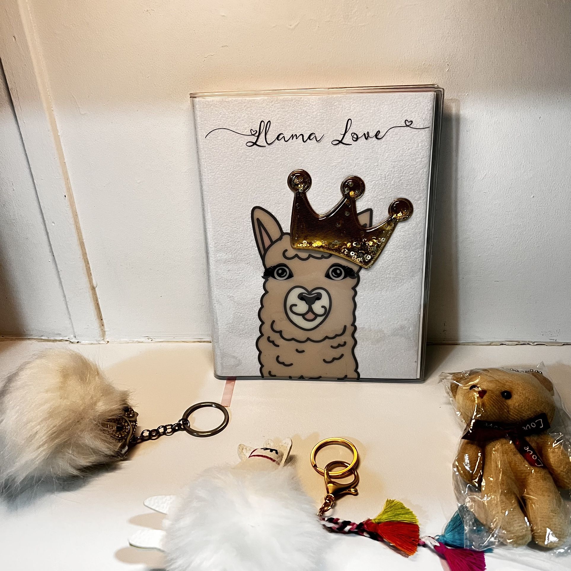Llama Key Chain Clip Key Ring White Plush & Faux Fur Imitation Leather 4 pieces