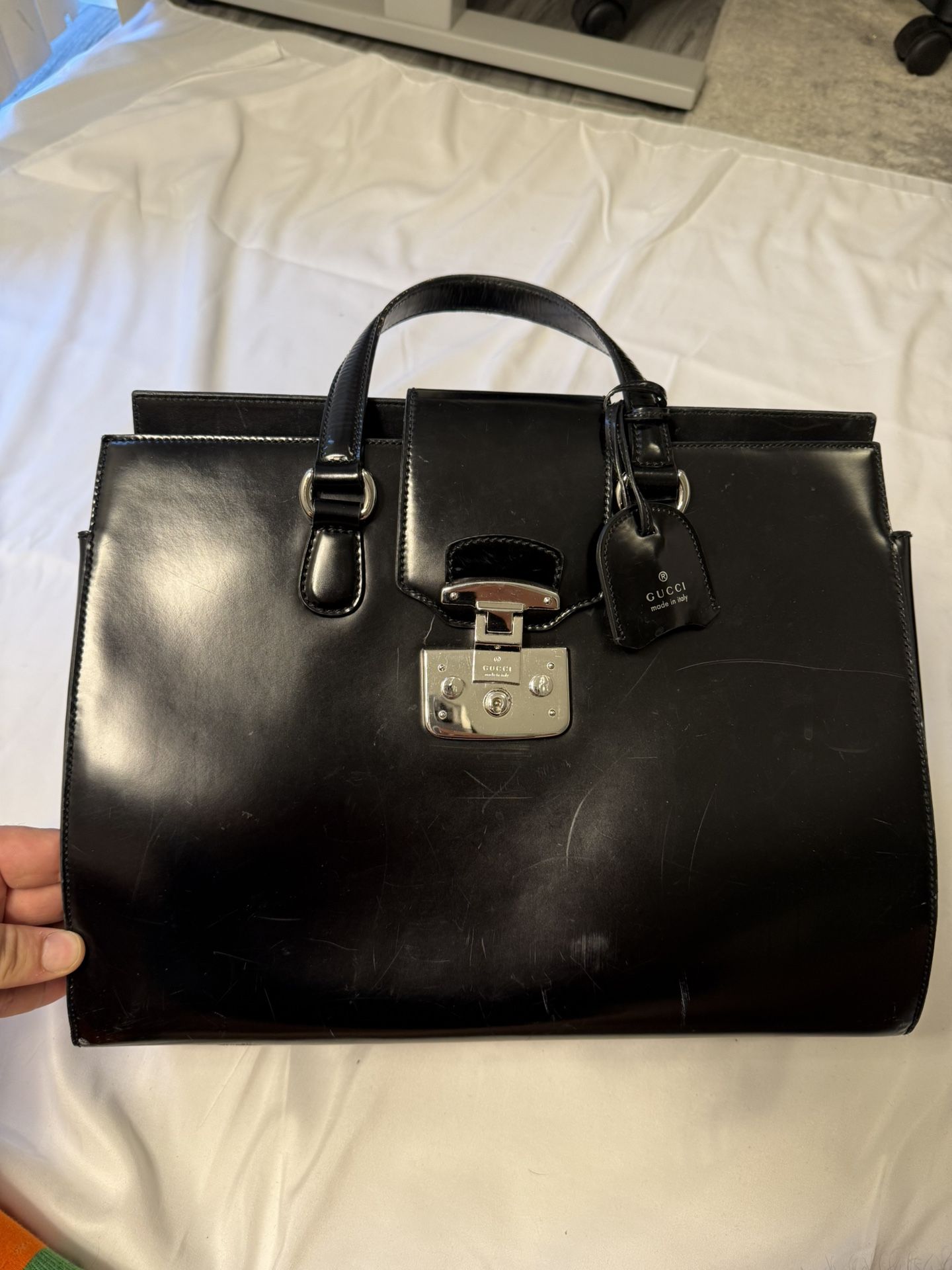 Gucci Black Smooth Leather Lady Lock Tote Handbag