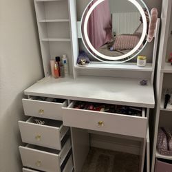 Round LED Mirror Vanity + Padded Stool