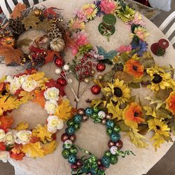 Several Seasonal Decorative Wreaths And Crafting Materials. 
