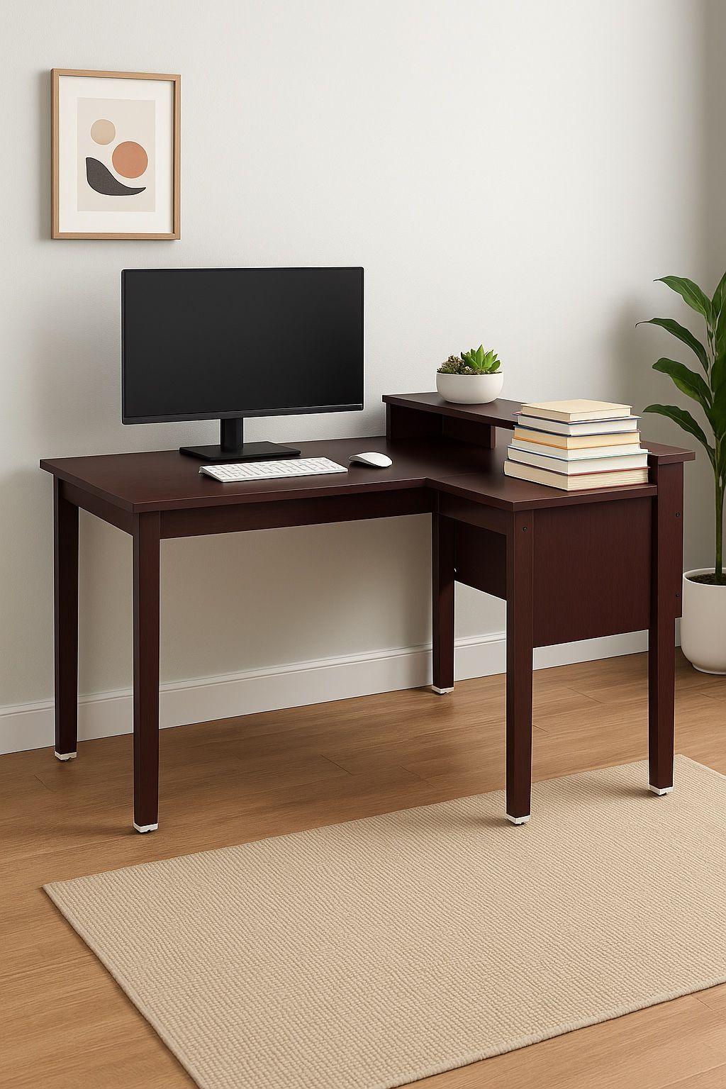 Modern L-Shaped Office Desk – Dark Wood Finish