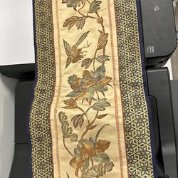 Rare Antique Chinese Silk Embroidered l Bird Flowers Golden Tone Thread 9*24”