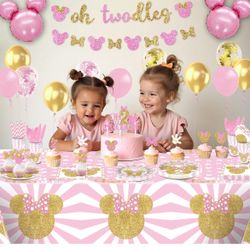 New 166 Pcs Oh Twodles Minnie Mouse Birthday Party Supplies Girl, 2nd Birthday Decorations for Girl Paper Plates Napkins Cups Tablecloth Banner 