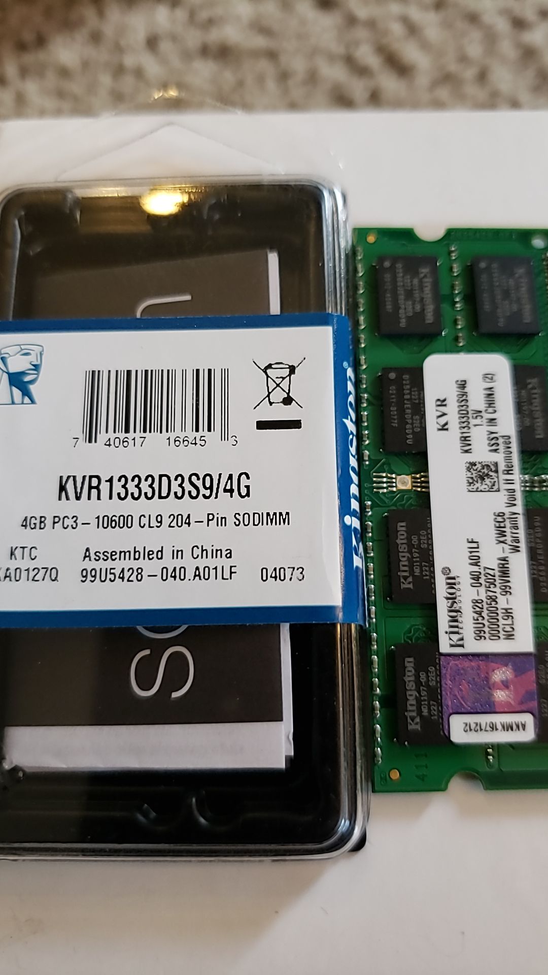 Kingston 4gb PC3-10600 SO-DIMM laptop RAM