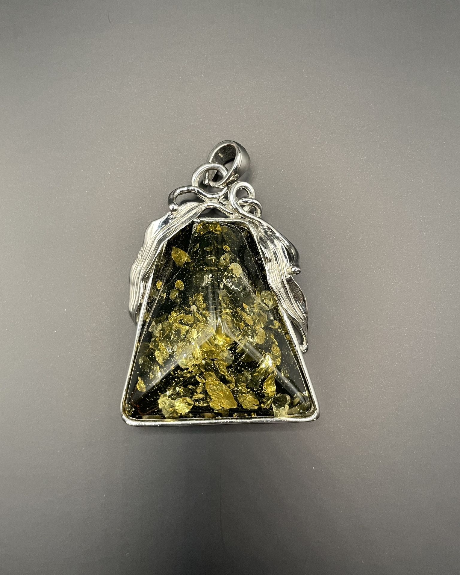 Trapezoid Resin Pendant Gold Colored Flakes Silver Tone Frame Boho Artisan 
