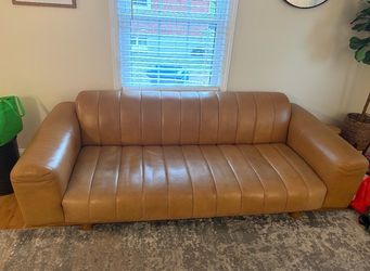 Mid-Century Modern Tan Leather Channel-Tufted Sofa