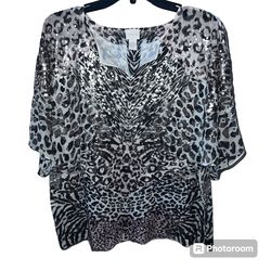 Chico’s Women’s Sz 3 Animal Cheetah Print Leopard Gold Blouse Top Shirt XL
