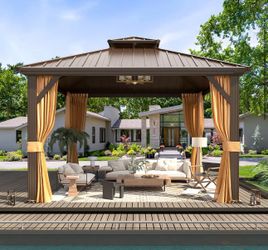Outdoor Hardtop Gazebo With Aluminum Frame & Double Galvanized Steel Roof, Heavy Duty Permanent Pavilion With Netting & Curtains For Patio, Lawn, Deck