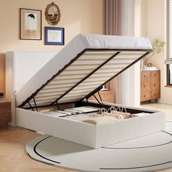 Full Lift Up Storage Bed Frame, Upholstered Corduroy, White Lift-Up Storage, Hydraulic Support, Corduroy Fabric, Wingback Headboard, No Box Spring Req