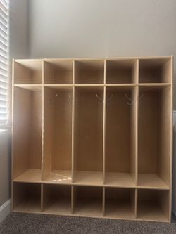 Large Wooden Cubby Organizer Storage Shelf – 5 Lockers + Hooks