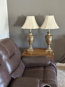 Lamps 2 Gold Tone Vintage Berman Art Decorated with Shades