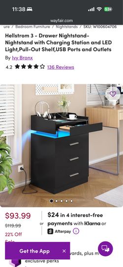 Hellstrom 3 - Drawer Nightstand-Nightstand with Charging Station and LED Light,Pull-Out Shelf,USB Ports and Outlets