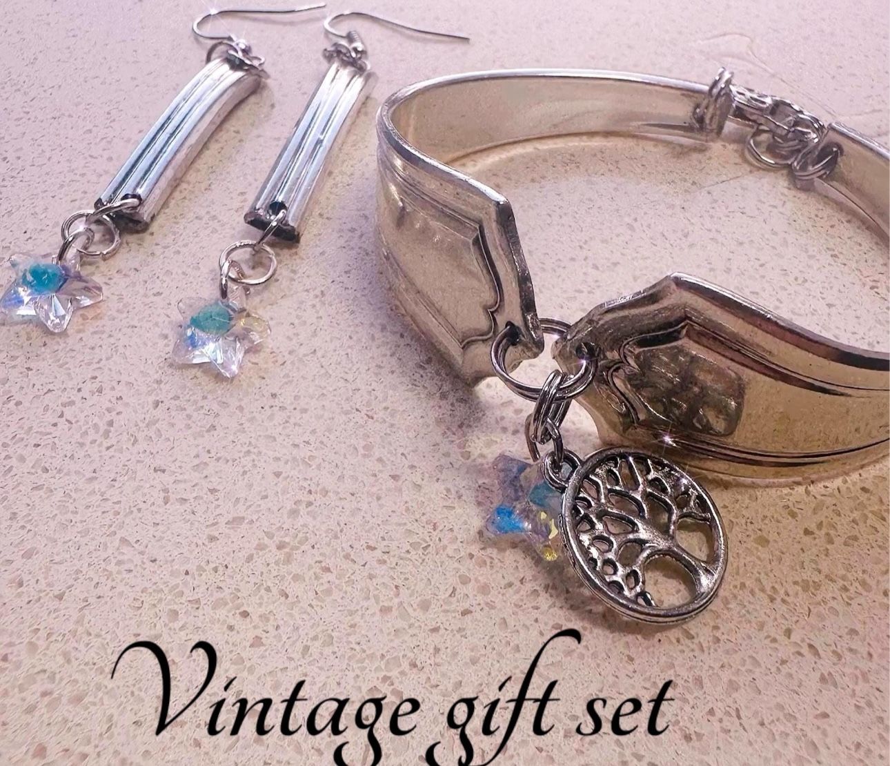 Charming Vintage Spoon Jewelry Set: Silver-Plated Bracelet and Earrings with Tree of Life & Star Crystal Charms - Adjustable Gift