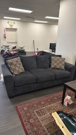 Dark Blue Fabric 3-Seat Sofa with Accent Pillows