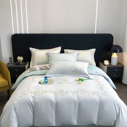 New Baby Blue Embroidered Cotton Duvet Cover Set Queen Elegant Embroidery Bedding 3 Pcs, 1 Comforter Cover 2 Pillowcases Zipper Soft and Breathable 