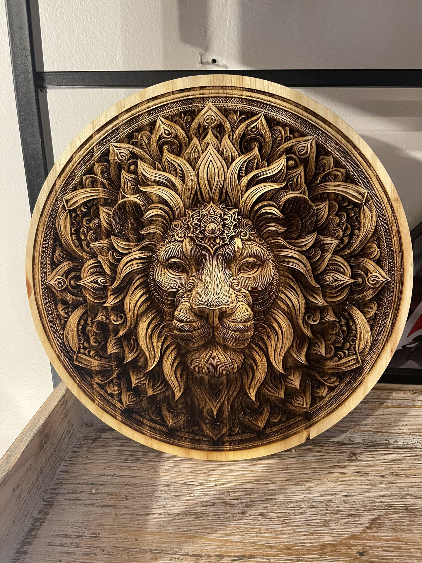 Intricate 9 3/4” Lion Carving In Pine