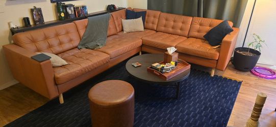 Cognac Leather Tufted Sectional Sofa