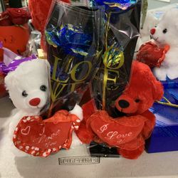 Valentines Teddy Bear And Light Up Clores Rose