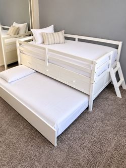 Kids White Twin Bed with Pull Out Twin Trundle + Storage Drawers