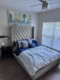 Macy’s Upholstered Tufted Bed Frame & Tall Headboard – $100 Moving Sale