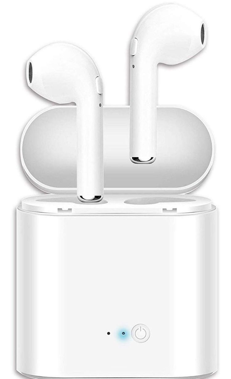 White wireless Bluetooth earbuds with charging case