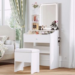 LIKIMIO Small Makeup Vanity Desk with Mirror and Lights, Vanity Table Set with Storage Drawer & Chair & 3 Shelves, Bedroom, White