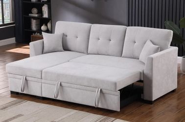 NEW Sectional Sofa and Storage Left Right Chaise Set Pull Out Sleeper Bed Grey Navy Black Gray Fabric SofaBed Small Living Room Space Saving Apartment