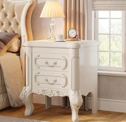 White Nightstand, End Table with 2 Drawers, Carved Bedside Tables, Side Table for Bedroom, Classic Bedroom Furniture, Night Stand White