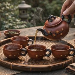 Yixing Ware China 2000s Purple Clay Plum Blossom Teapot & 4 Cups Set NWT