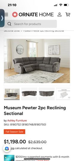 Pewter Reclining Sectional Sofa Couch-Like new