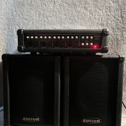 KUSTOM 2, 2 way 10 inch PA Cabinet Speakers & KUSTOM Powered Mixer Pro Audio Gear Amplifier 