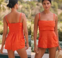 NWT $78 Anthropologie Red Strapless Linen Pull-On w/ Pockets Romper L