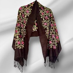 Soft Shawl / Wrap Pashmina Hand-knitted. Black With Multicolored Designs. New Handmade
