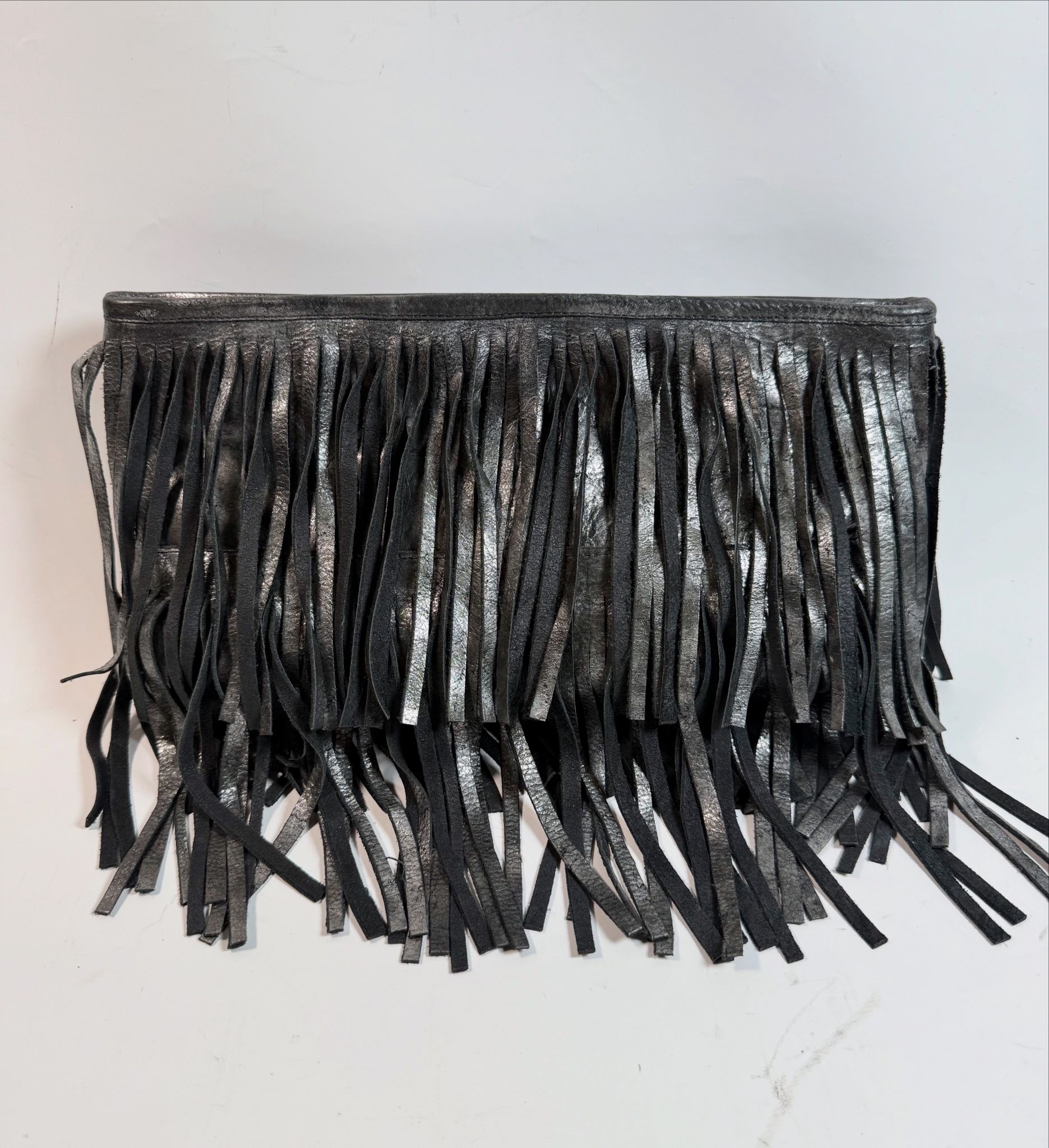 Vintage Posse NYC Black Metallic Leather Fringe Clutch $385