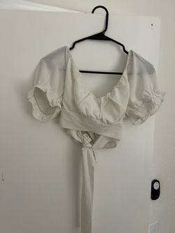 White Puff-Sleeve Wrap Crop Top