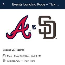 Braves Vs Padres May 20th @ 620