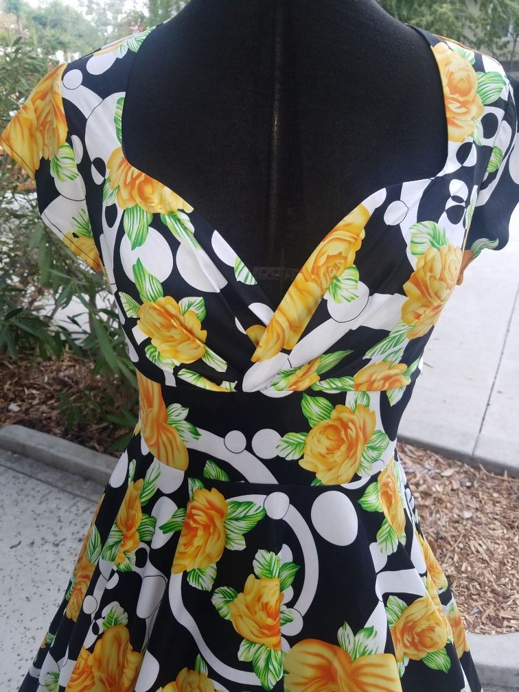 Pin Up Inspired Yellow Floral Swing Dress